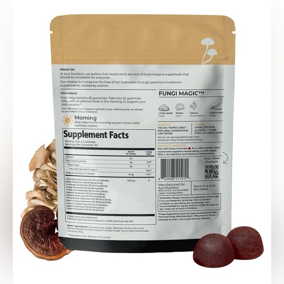 NEW Auri Super Mushroom Daily Gummies Wild Raspberry Brain Focus Wellness - Picture 2 of 6